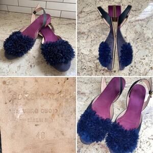 Pokemaoke $400 Zelena Blue Flower Suede Sandals Sling Back Italy 40 US 9-10